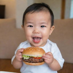 A cute baby named Ning joyfully holding a delicious looking burger.