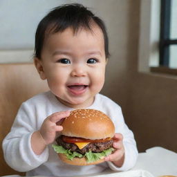 A cute baby named Ning joyfully holding a delicious looking burger.