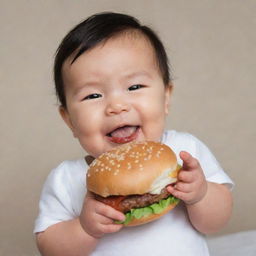 A cute baby named Ning joyfully holding a delicious looking burger.