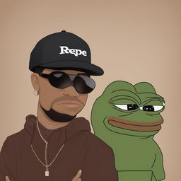 A high-quality digital art piece that combines Pepe the Frog with rapper Drake, featuring a rich, warm brown skin tone and set against a blank background