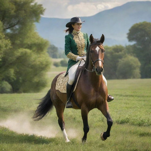 A majestic horse galloping with a rider dressed in traditional equestrian garments amidst a lush, green field under a sunlit sky.