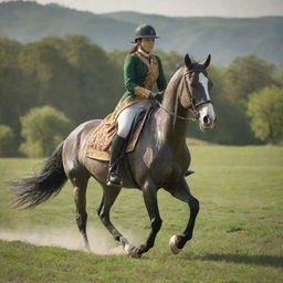 A majestic horse galloping with a rider dressed in traditional equestrian garments amidst a lush, green field under a sunlit sky.