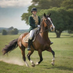 A majestic horse galloping with a rider dressed in traditional equestrian garments amidst a lush, green field under a sunlit sky.