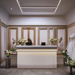 Customer reception office for wedding dress store, 3.77m x 3.5m, featuring a waiting area and walls adorned with classic frames and central lighting.