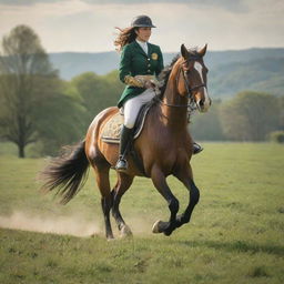 A majestic horse galloping with a rider dressed in traditional equestrian garments amidst a lush, green field under a sunlit sky.