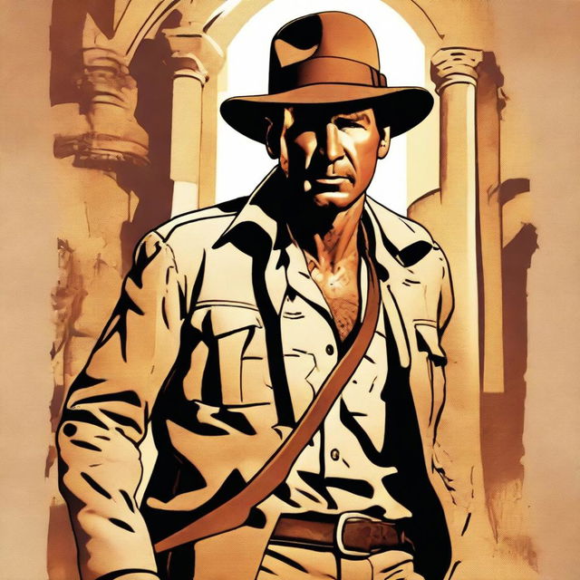 A high-quality digital art poster featuring Indiana Jones, sans his iconic hat, in the midst of an adventure