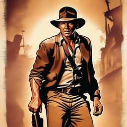 A high-quality digital art poster featuring Indiana Jones, sans his iconic hat, in the midst of an adventure