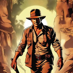 A high-quality digital art poster featuring Indiana Jones, sans his iconic hat, in the midst of an adventure