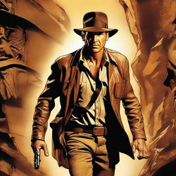 A high-quality digital art poster featuring Indiana Jones, sans his iconic hat, in the midst of an adventure