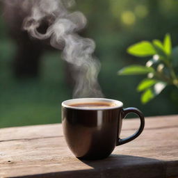 A steaming mug of rich, aromatic coffee on a rustic wooden table with a soft morning light illuminating the scene.