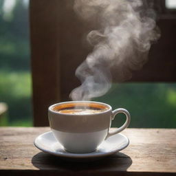 A steaming mug of rich, aromatic coffee on a rustic wooden table with a soft morning light illuminating the scene.