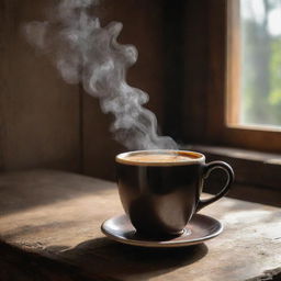 A steaming mug of rich, aromatic coffee on a rustic wooden table with a soft morning light illuminating the scene.