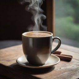 A steaming mug of rich, aromatic coffee on a rustic wooden table with a soft morning light illuminating the scene.