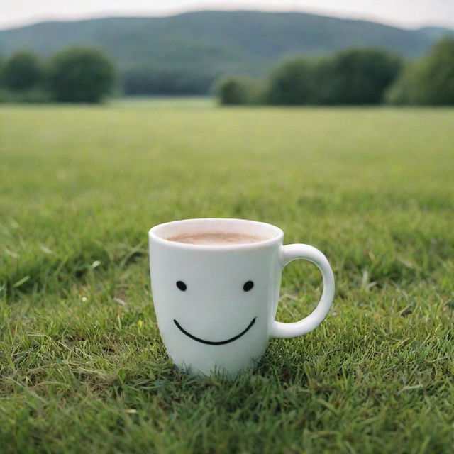 A ceramic coffee cup on a field of lush green grass. On the cup, there is a high-quality photo of a smiling couple in love.