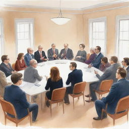 A detailed illustration of a lively academic discussion or research meeting happening in a brightly lit room with intellectuals discussing and engaging in a scholarly debate