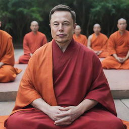 Elon Musk portrayed as a calm and peaceful Buddhist monk, wearing traditional red and orange robes, meditating serenely.