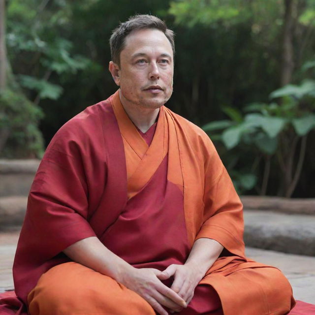 Elon Musk portrayed as a calm and peaceful Buddhist monk, wearing traditional red and orange robes, meditating serenely.