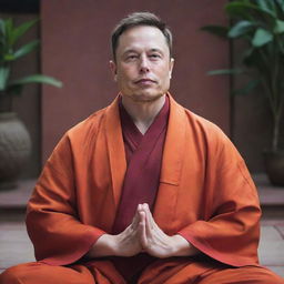 Elon Musk portrayed as a calm and peaceful Buddhist monk, wearing traditional red and orange robes, meditating serenely.