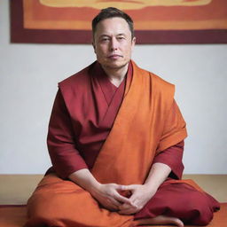 Elon Musk portrayed as a calm and peaceful Buddhist monk, wearing traditional red and orange robes, meditating serenely.