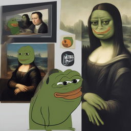 The image is a digital art representation of the 'Mona Lisa,' with Pepe the Frog replacing the original figure