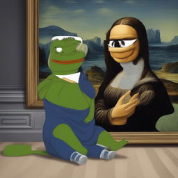 The image is a digital art representation of the 'Mona Lisa,' with Pepe the Frog replacing the original figure