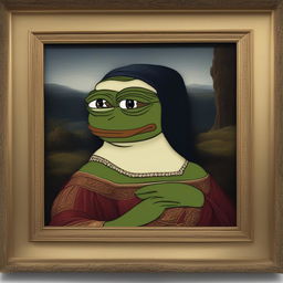 The image is a digital art representation of the 'Mona Lisa,' with Pepe the Frog replacing the original figure