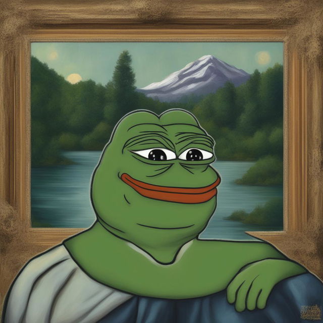 The image is a digital painting of Pepe the Frog in the pose of the 'Mona Lisa', complete with the iconic smile and backdrop