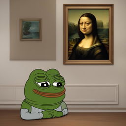 The image is a digital painting of Pepe the Frog in the pose of the 'Mona Lisa', complete with the iconic smile and backdrop