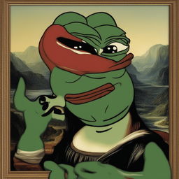 The image is a digital painting of Pepe the Frog in the pose of the 'Mona Lisa', complete with the iconic smile and backdrop