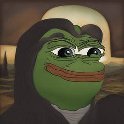 The image is a digital painting of Pepe the Frog in the pose of the 'Mona Lisa', complete with the iconic smile and backdrop