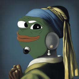 The image is a digital artwork of Pepe the Frog in the pose of 'Girl with a Pearl Earring', complete with the pearl earring and the over-the-shoulder glance