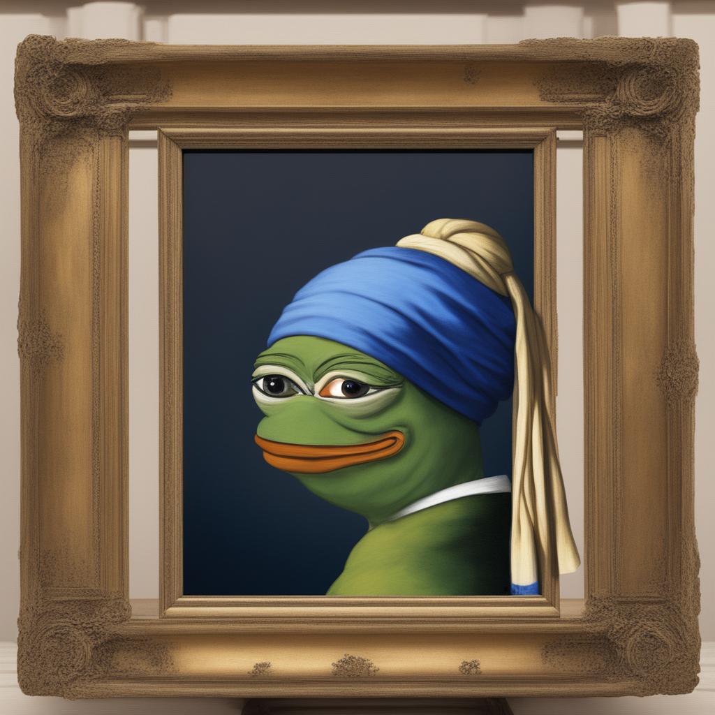 The image is a digital artwork of Pepe the Frog in the pose of 'Girl with a Pearl Earring', complete with the pearl earring and the over-the-shoulder glance