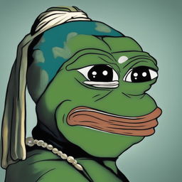 The image is a digital artwork of Pepe the Frog in the pose of 'Girl with a Pearl Earring', complete with the pearl earring and the over-the-shoulder glance