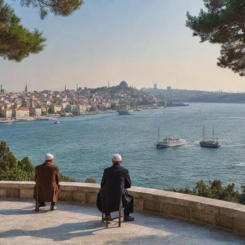 A serene landscape capturing iconic poet figures from Istanbul, with the Bosporus in the background surrounded by historic architecture.