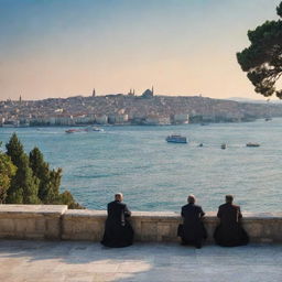 A serene landscape capturing iconic poet figures from Istanbul, with the Bosporus in the background surrounded by historic architecture.