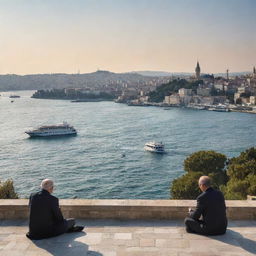 A serene landscape capturing iconic poet figures from Istanbul, with the Bosporus in the background surrounded by historic architecture.