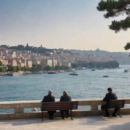 A serene landscape capturing iconic poet figures from Istanbul, with the Bosporus in the background surrounded by historic architecture.