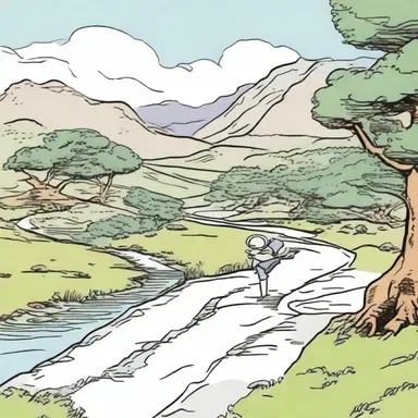 The artist skillfully depicted the journey of the character through a scenic meander in the comic strip.