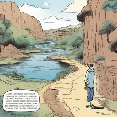 The artist skillfully depicted the journey of the character through a scenic meander in the comic strip.