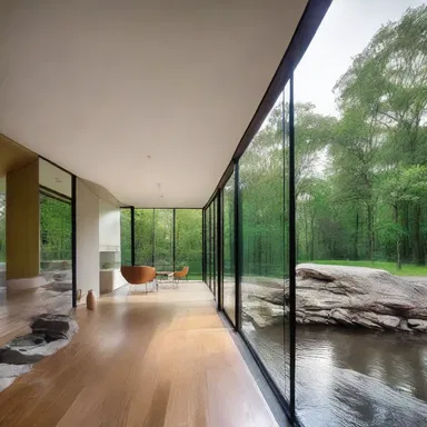 The interior design of the house incorporated a glass wall to showcase the meander of the nearby river.