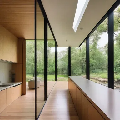 The interior design of the house incorporated a glass wall to showcase the meander of the nearby river.