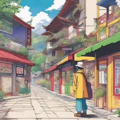 The manga artist depicted the protagonist's journey as he meandered through various towns and encountered colorful characters along the way.