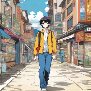 The manga artist depicted the protagonist's journey as he meandered through various towns and encountered colorful characters along the way.