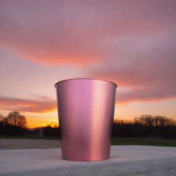 A high-quality wastebasket made of polished steel standing outside as a surreal sunset paints the sky in hues of pink and orange, lending a soft glow to the surroundings.