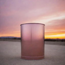 A high-quality wastebasket made of polished steel standing outside as a surreal sunset paints the sky in hues of pink and orange, lending a soft glow to the surroundings.