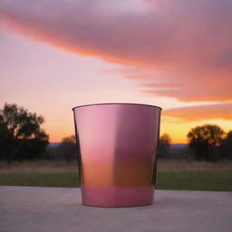 A high-quality wastebasket made of polished steel standing outside as a surreal sunset paints the sky in hues of pink and orange, lending a soft glow to the surroundings.