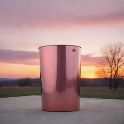 A high-quality wastebasket made of polished steel standing outside as a surreal sunset paints the sky in hues of pink and orange, lending a soft glow to the surroundings.