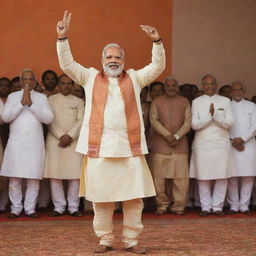 Narendra Modi celebrating and dancing with joy, clad in his traditional, elegant Indian attire.