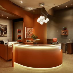 Position the reception desk near the entrance with a nearby waiting area of cozy seating. Include a display stand or wall-mounted shelf for the store's services cartel.