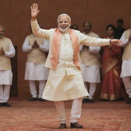 Narendra Modi celebrating and dancing with joy, clad in his traditional, elegant Indian attire.